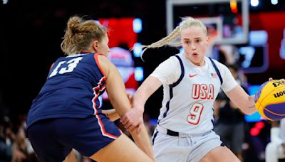 The United States' Hailey Van Lith drives against Morgan Maly of the U23 National 3 x3 team during the 3 x3 showcase in the Skills Challenge& 3- ...