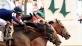 Mystik Dan, ridden by jockey Brian J. Hernandez Jr., crosses the finish line to win the 150th running of the Kentucky Derby ahead of Sierra Leone