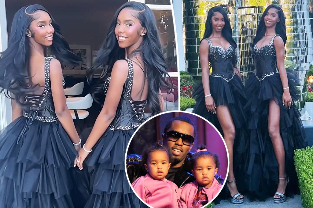 Diddy’s twin daughters, D’Lila and Jessie Combs, match at prom in black bedazzled bustier gowns