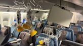 Pictures from the plane hit by turbulence so severe a man died show debris strewn across the cabin, collapsed panels, and blood smeared on the ceiling