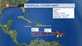 Tropical Storm Bret moves into the Caribbean as Tropical Depression 4 churns in the Atlantic Ocean
