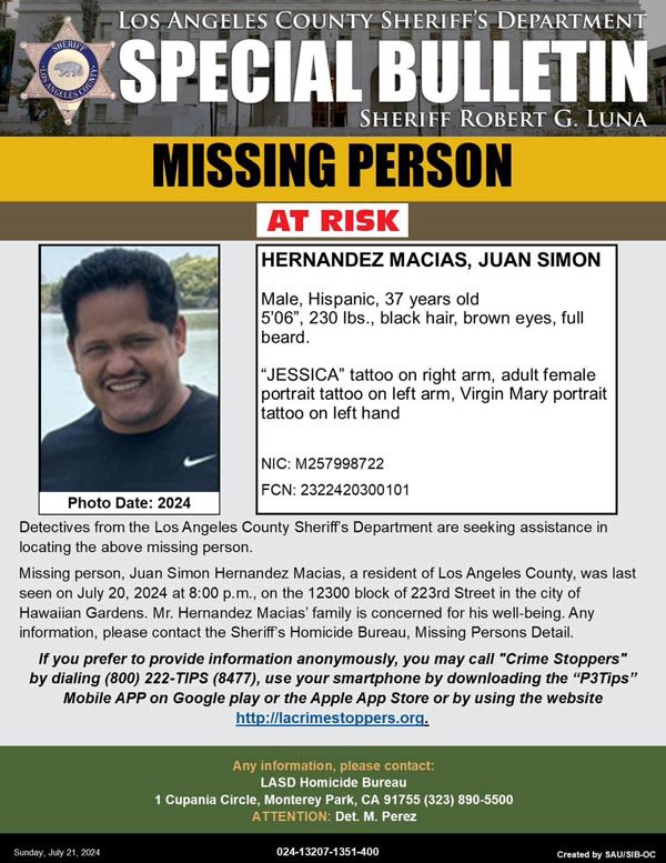 Los Angeles County Sheriff Seeks Public's Help Locating At-Risk Missing Person Juan Simon Hernandez Macias, Last...