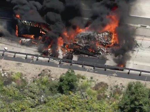 Semi-truck carrying meat incinerated by massive fire on 5 Freeway in Los Angeles