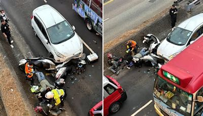 葵涌和宜合道私家車收掣不及撞兩電單車及的士 3傷兩鐵騎士倒地