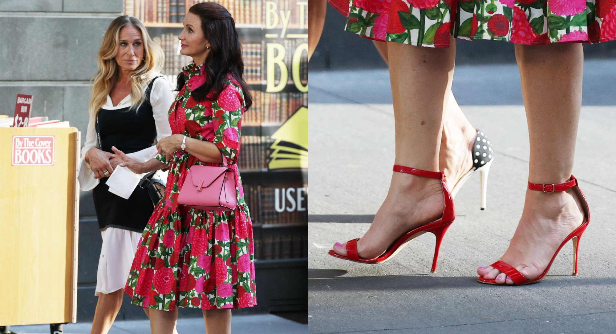 Kristin Davis Wears Red Heeled Sandals While Filming ‘And Just Like That’ With Sarah Jessica Parker in New York City