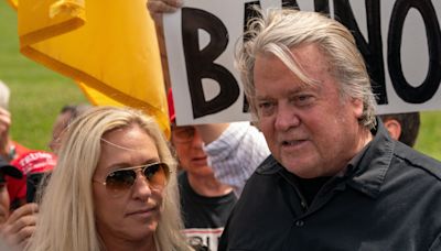 Steve Bannon and Marjorie Taylor Greene Interrupted By Protesters