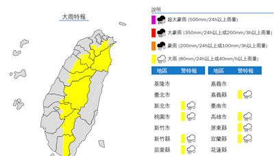 對流旺盛 新北、桃園等11縣市大雨特報