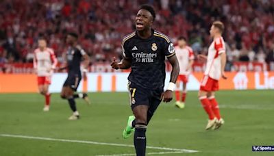 Festejo del segundo gol de Vinícius en Bayern Múnich vs. Real Madrid (Alex Pantling/Getty Images)