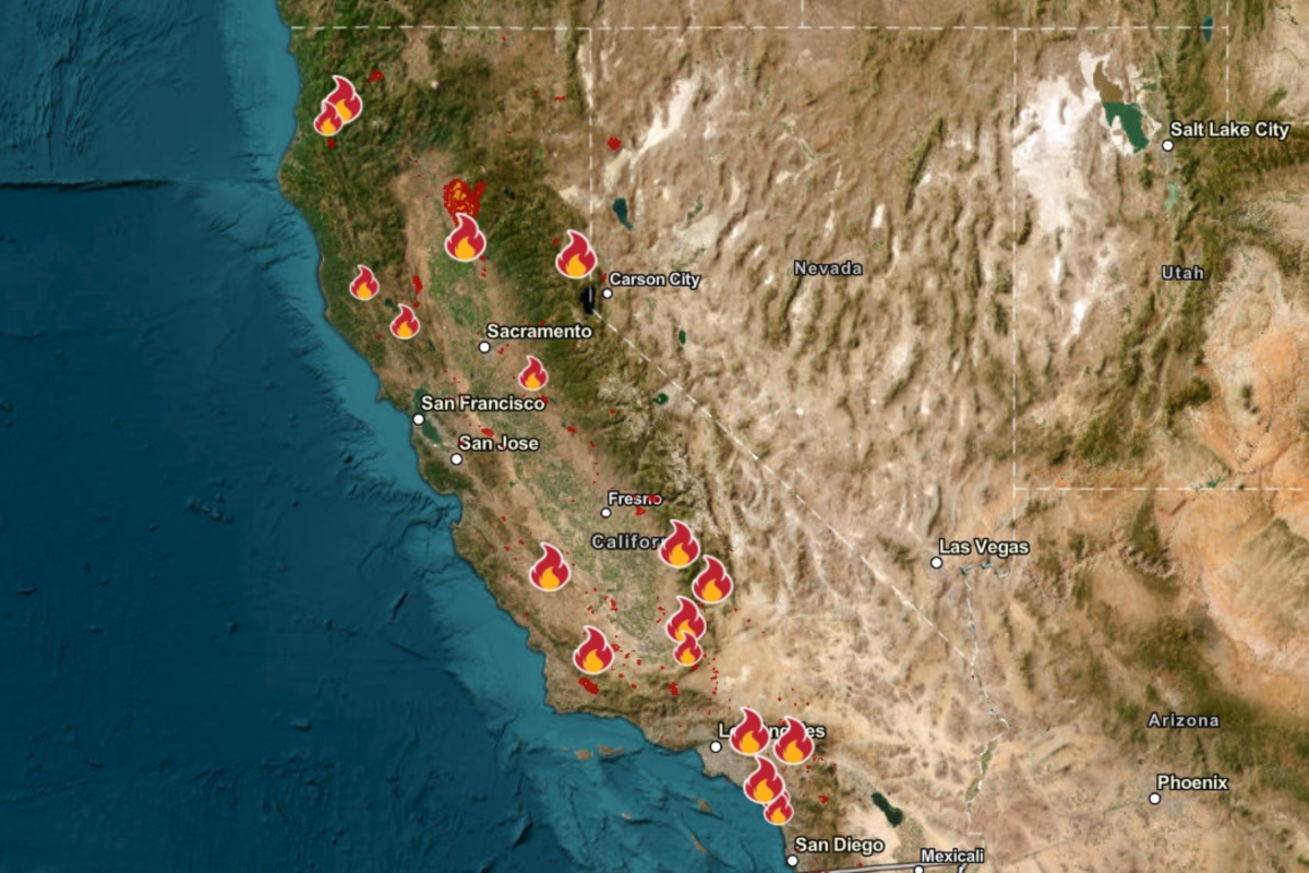 California wildfire map shows where state's 18 fires are burning