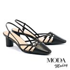 涼鞋  MODA MODAY 優雅編織繫帶羊皮方圓頭高跟涼鞋－黑