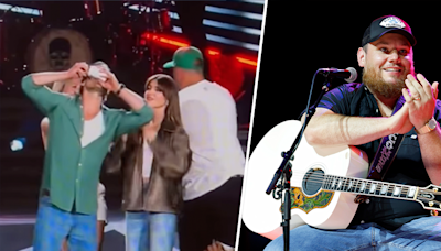 Glen Powell and Luke Combs show off their beer chugging skills at concert