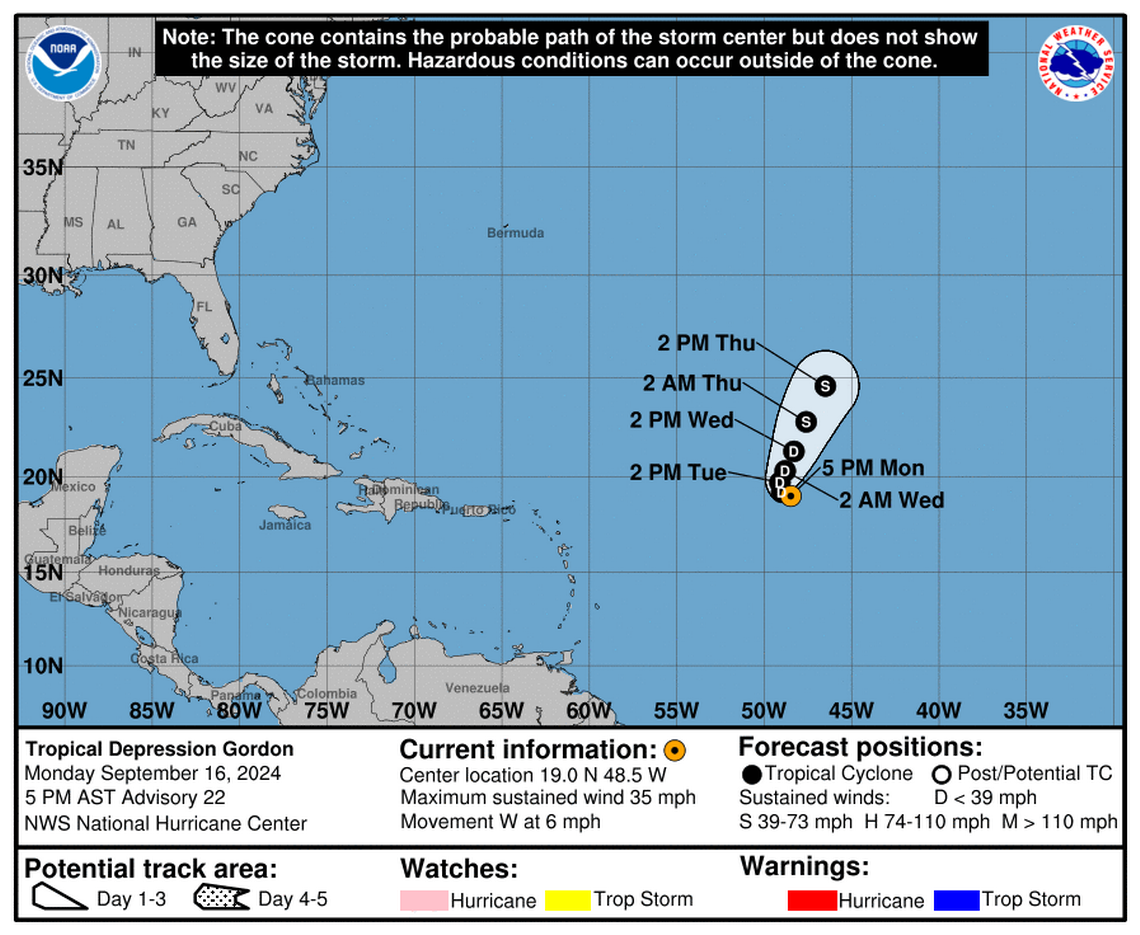 Latest update from the National Hurricane Center on Tropical Depression Gordon for Monday, Sep 16