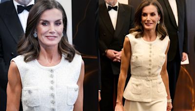 ...Favors Sparkling Diamanté Details in Self Portrait Midi Dress for Journalism Awards Ceremony Alongside King Felipe VI