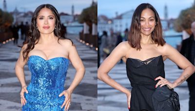 Salma Hayek Pops in Electric Blue Fringe Dress, Zoe Saldana Dazzles in Margiela Midi Dress for Venice Arts Festival Dinner Party