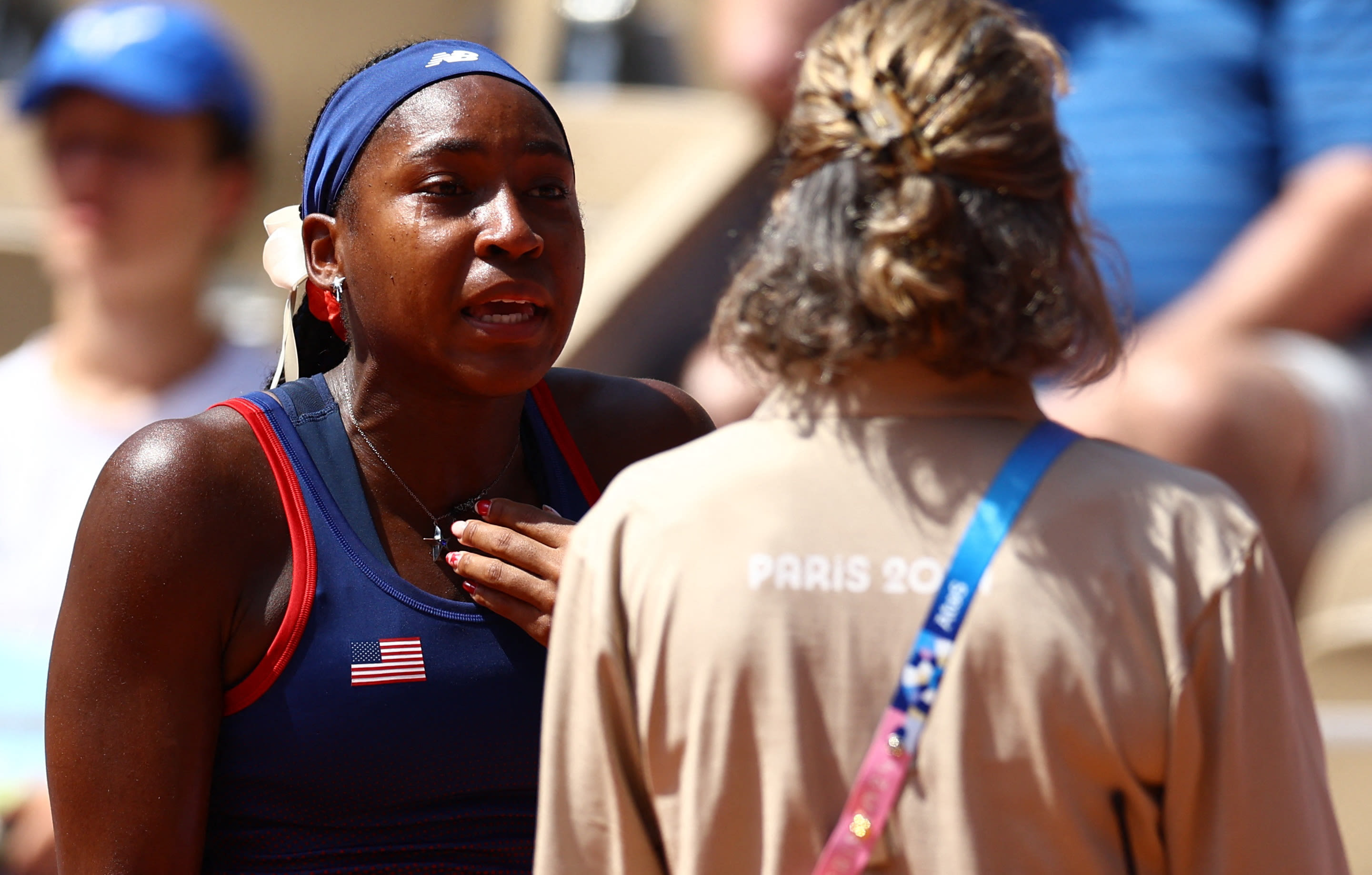 2024 Paris Olympics: Coco Gauff calls for video review after emotional run-in with umpire in loss to Donna Vekić