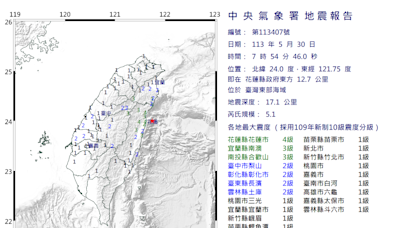 7:54東部海域規模5.1地震 最大震度花蓮4級