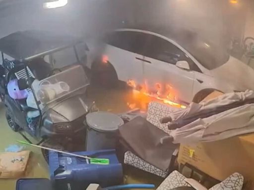 Tesla car catches fire inside Florida garage flooded from Hurricane Helene | Watch terrifying video | Today News