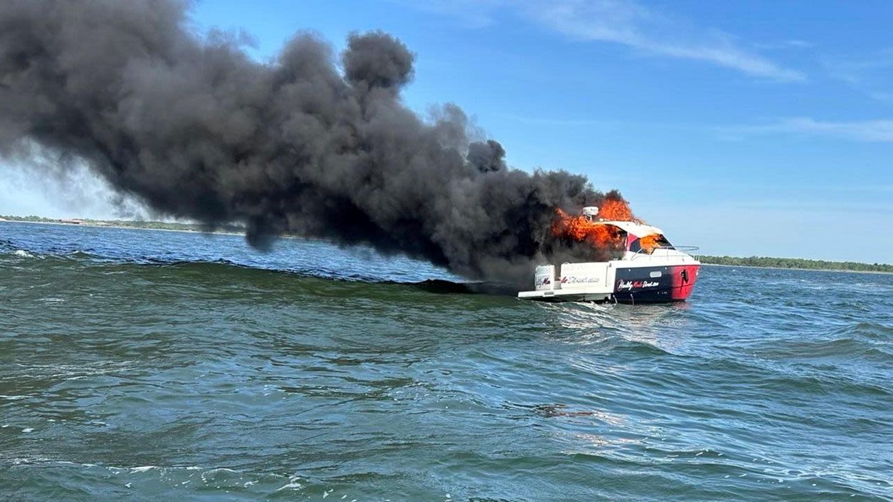 3 rescued after boat catches fire in Great South Bay south of Grand River