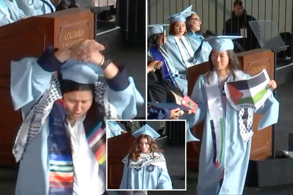 Anti-Israel Columbia grads wear zip ties, rip diplomas on stage during commencement