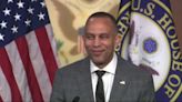 Hakeem Jeffries mocks “Red Tie Brigade,” when asked about Speaker Mike Johnson attending Trump's NY hush money trial.