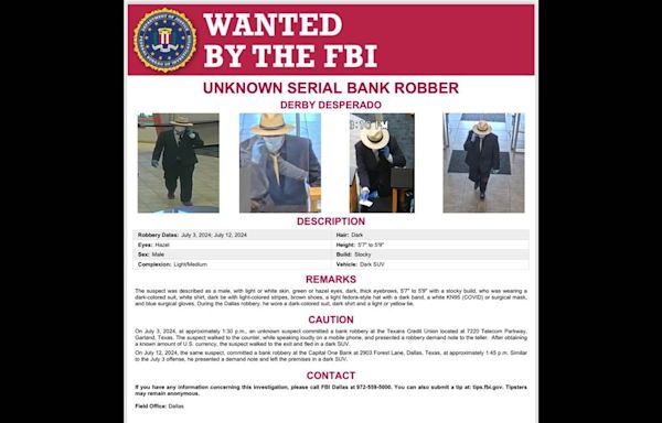 Well-dressed North Texas serial bank robber ‘Derby Desperado’ is on the loose, FBI says