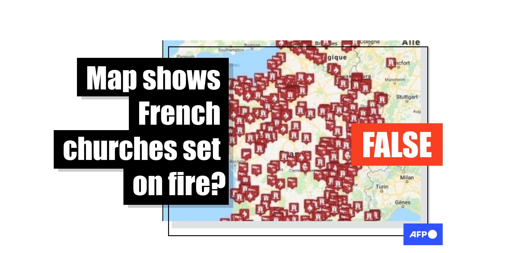 Map of 'anti-Christian acts' falsely shared as France church arson cases