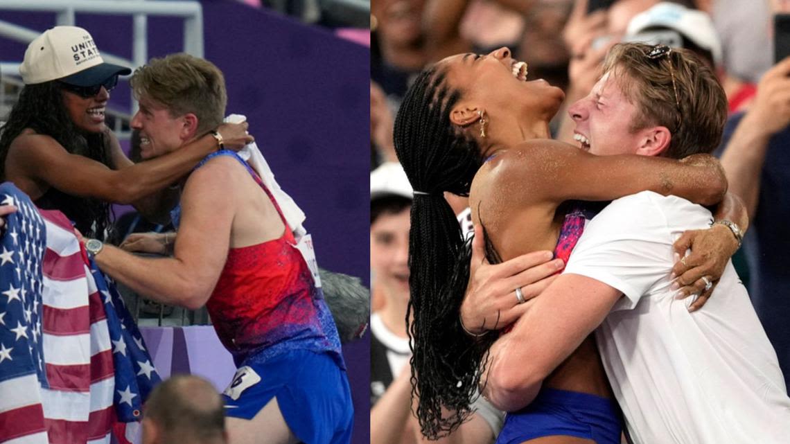 Olympics power couple Tara and Hunter Woodhall celebrate after winning gold in Paris