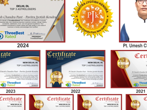 Best Astrologer in Delhi, Pt Umesh Chandra Pant, Clinches His 8th Consecutive ThreeBestRated® Award of Excellence