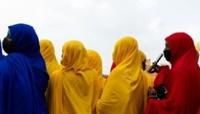 Women await the arrival of Mahamat Idriss Deby Itno, Chad's transitional president and candidate for the presidential election at Moundou