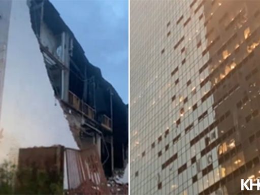 Downtown Houston damage: Wall of building collapes; storm blows out windows in skyscrapers