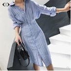 SUMEA 顯瘦直條紋襯衫  韓系單排扣長袖洋裝  韓版個性  CC