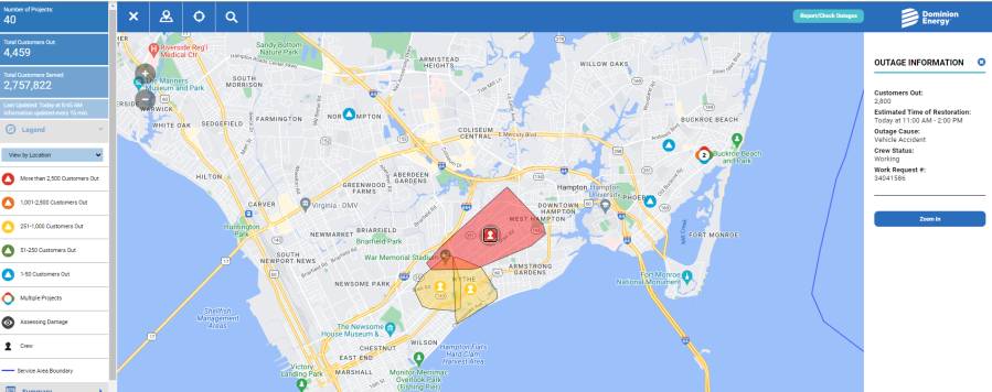 Vehicle accident in Hampton causes thousands of outages