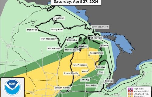 Severe weather area shows where, when damaging t-storms, isolated tornado may develop in Michigan today