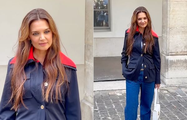 Katie Holmes Elevates Casual Dressing With Shades of Blue for Patou’s Spring 2025 Couture Show During Paris Fashion Week