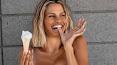 Natalie Roser wows in white patterned bikini while eating an ice cream