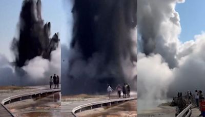 有片／黃石公園「熱液爆炸！」黑泥漿、碎石四濺 遊客嚇壞奔逃