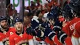 Florida's Sam Bennett, center, celebrates with teammates after scoring the first goal in a 2-1 Panthers victory over the New York Rangers that lifted his NHL club to the Stanley Cup Final