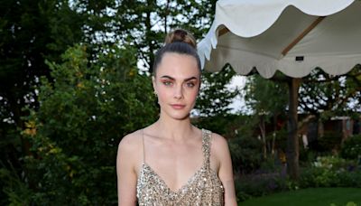 Cara Delevingne Wears Sequin Champagne-Colored Mini Dress at Sparkling Wine Launch Party in London