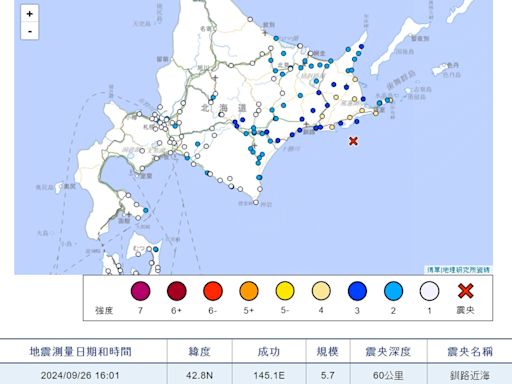 日本北海道規模5.7地震 釧路市等多處震度4 無引發海嘯風險