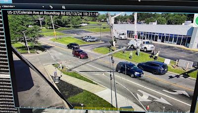 Downed utility pole blocks traffic in Colerain Township