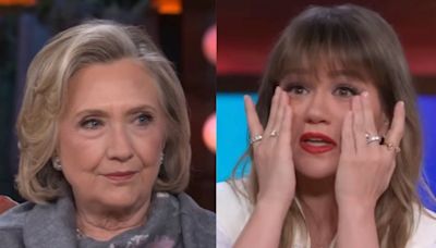 Hillary Clinton comforts Kelly Clarkson as she tearfully recalls being hospitalised during pregnancies
