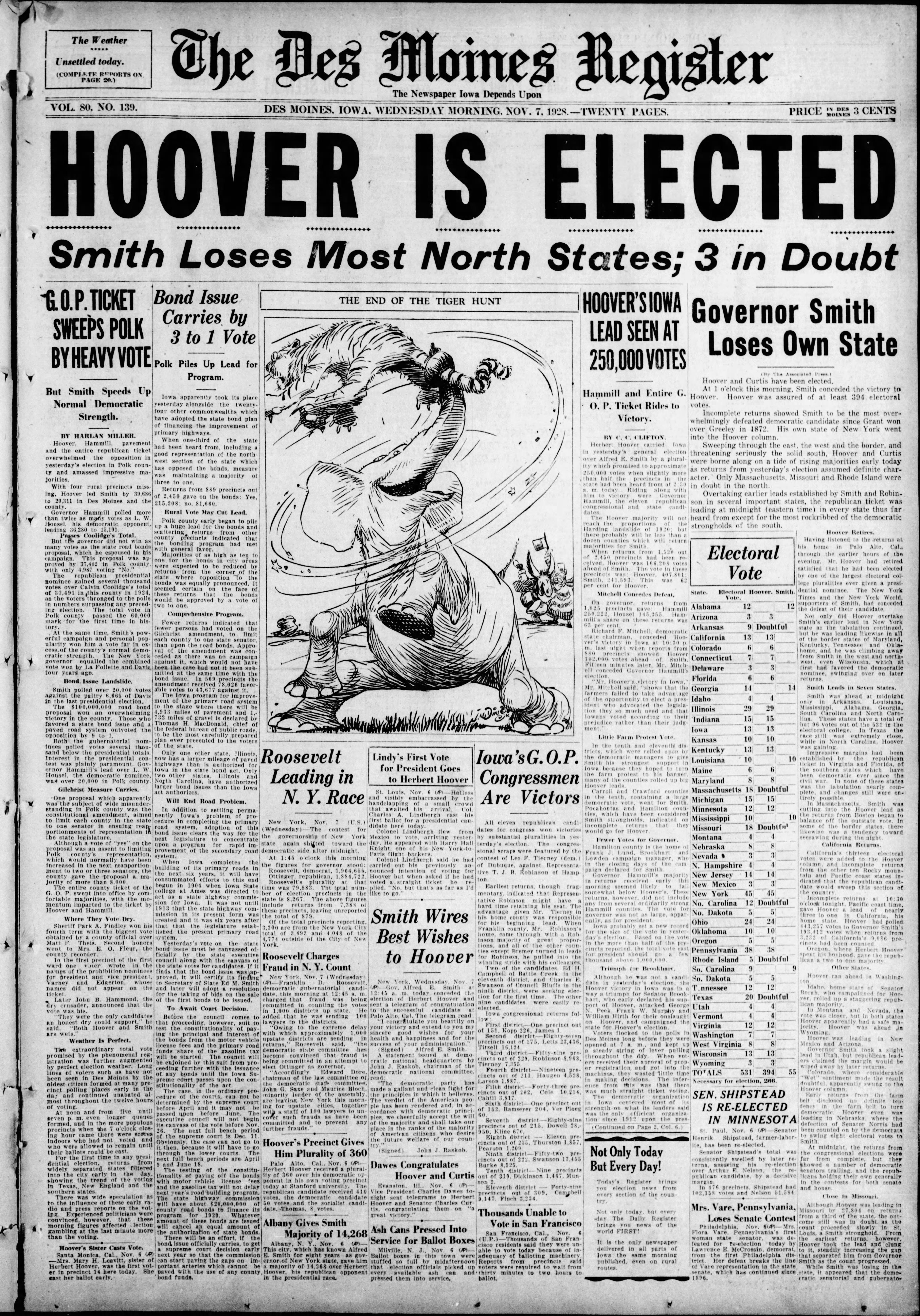 Historic front page from the Des Moines Register, Nov. 7, 1928: Hoover elected president