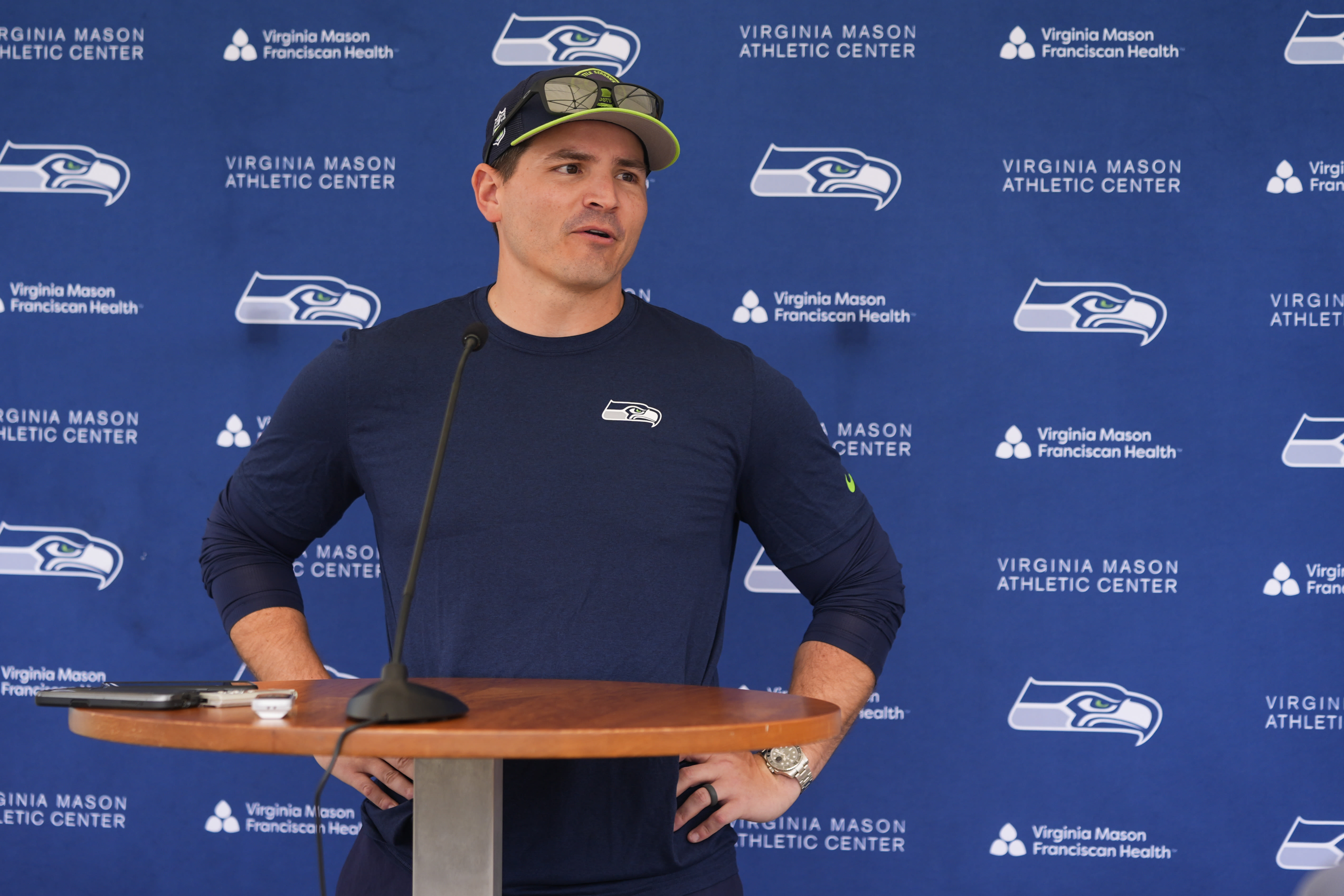 New Seattle coach Mike Macdonald takes it all in during first day of Seahawks rookie minicamp