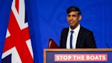 Britain's Prime Minister Rishi Sunak reacts as he speaks at the Downing Street Briefing Room, in central London, on April 22, 2024.