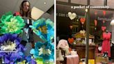 A thrift-store volunteer is sharing how she creates stunning window displays using items she has on hand and a lot of imagination
