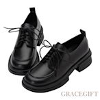 【Grace Gift】學院風綁帶中跟牛津鞋 黑漆