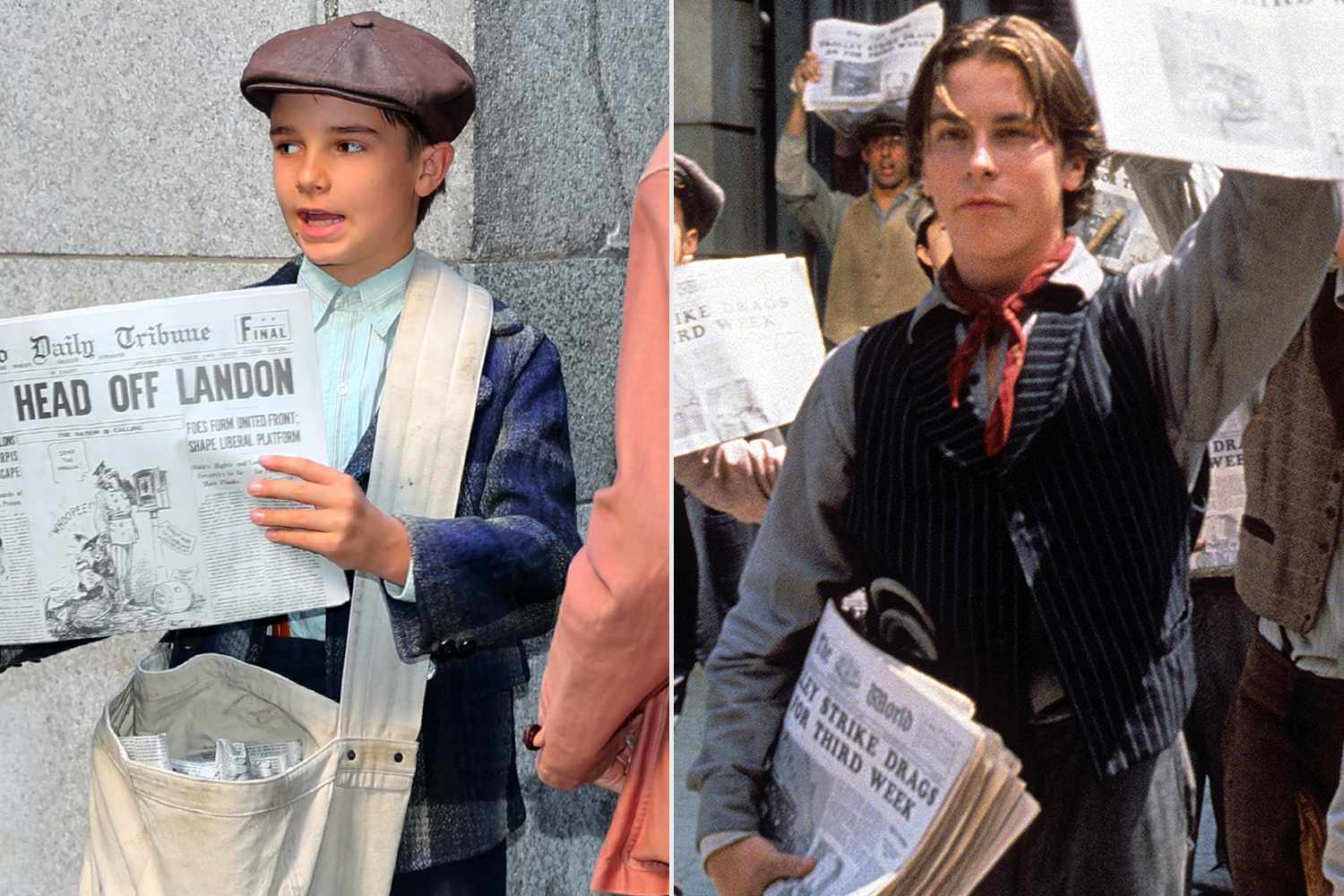 Seize the day! Christian Bale's son appears with him on 'The Bride' set dressed as a newsie