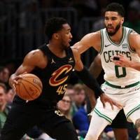 Cleveland's Donovan Mitchell drives against Jayson Tatum in the Cavaliers' victory over the Boston Celtics in game two of their NBA Eastern Conference semi-final series