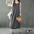 JILLI-KO 自然風棉麻感背心裙- 黑色