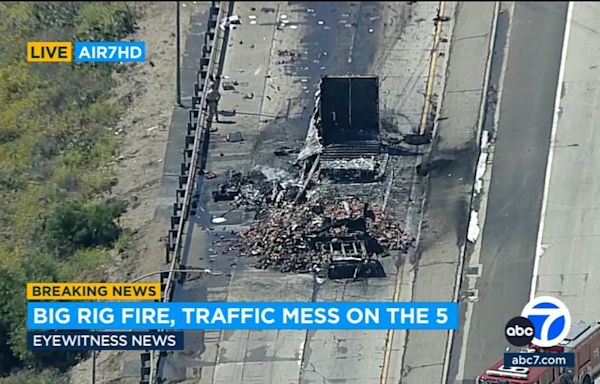 Multiple lanes on southbound 5 Freeway in Granada Hills shut down after big rigs crash; 1 injured